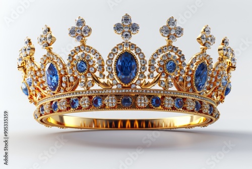 Accurate detailed queen's crown on pure white backdrop. Luxurious design with jewels and intricate engravings.