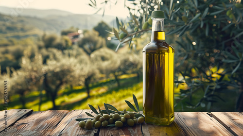  bottle with olive oil, premium quality standing on a wooden table, some olives on the table, professional publicity photo, italian olive yard in the background