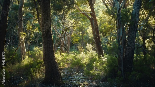 Light filled gumtree forest in Booderee national park of Australia  Jervis bay area walking track : Generative AI photo