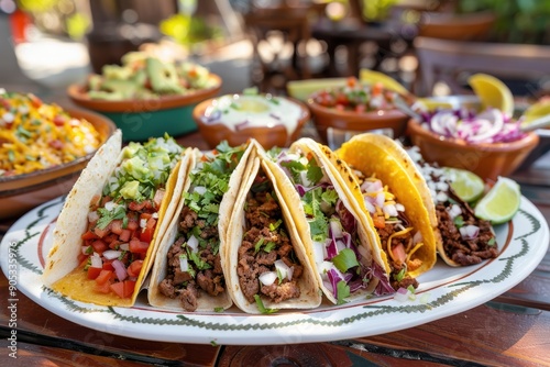 Festive greeting card celebrating Happy Taco Day with colorful tacos and decorations...