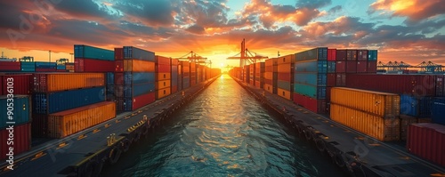 Container docks at sunrise. Containers lined up at docks during sunrise, illustrating the early start of logistics operations in a global trade environment.