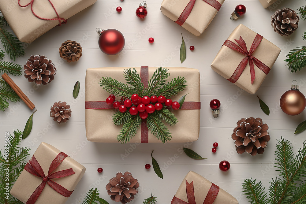 Holiday Gifts with Pinecones Baubles and Greenery for a Cozy Christmas Celebration Holiday Gifts with Pinecones Baubles and Greenery for a Cozy Christmas Celebration