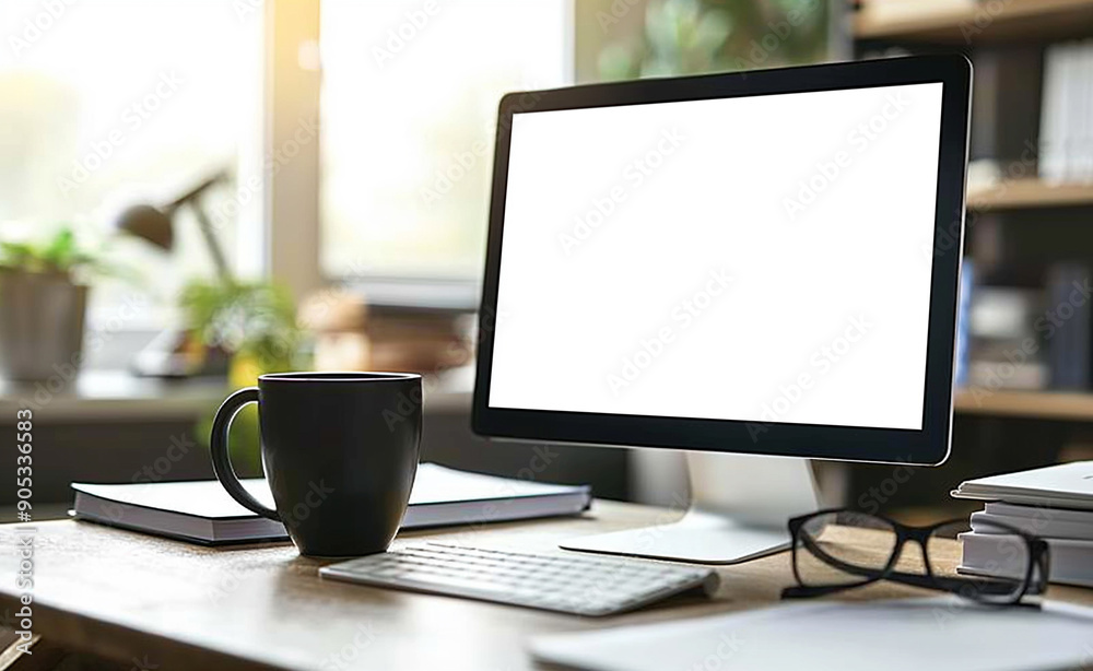 © Curioso.Photography - A modern office workspace featuring a large monitor, keyboard, mouse, and office accessories in a well-lit room.