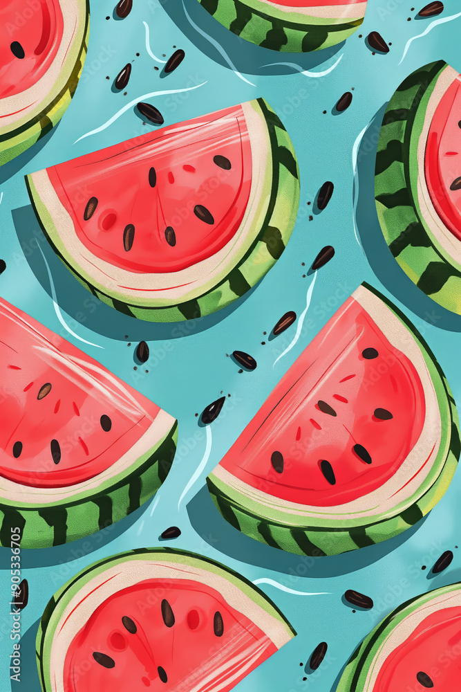 Summer creative background with refreshing red watermelon. Ripe, fresh, tasty and sweet watermelon, summer pattern design.
Summer creative background with refreshing red watermelon. Ripe, fresh, tasty and sweet watermelon, summer pattern design.