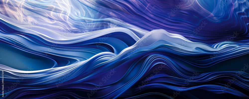 A deep cobalt background with smooth, wavy lines of contrasting colors such as white and deep blue, creating a sense of movement and fluidity.