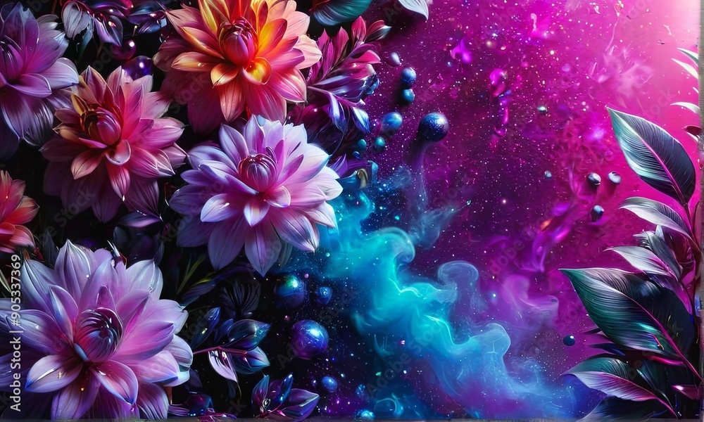 Vibrant Flowers with Dewdrops on Gradient Background Vibrant Flowers with Dewdrops on Gradient Background