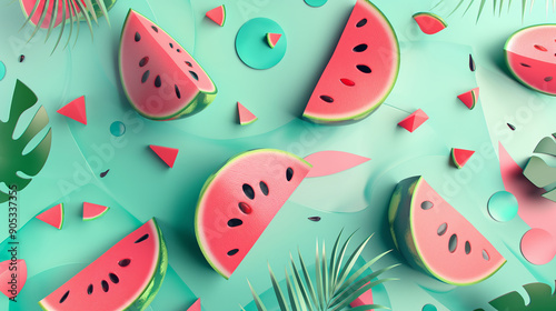 Summer creative background with refreshing red watermelon. Ripe, fresh, tasty and sweet watermelon, summer pattern design. 