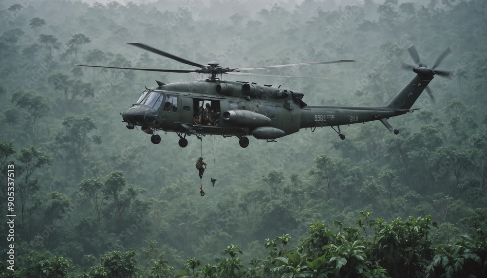 A military helicopter hovering above a dense Vietnamese jungle in heavy rain, with soldiers rappelling down into the thick greenery below.
A military helicopter hovering above a dense Vietnamese jungle in heavy rain, with soldiers rappelling down into the thick greenery below.