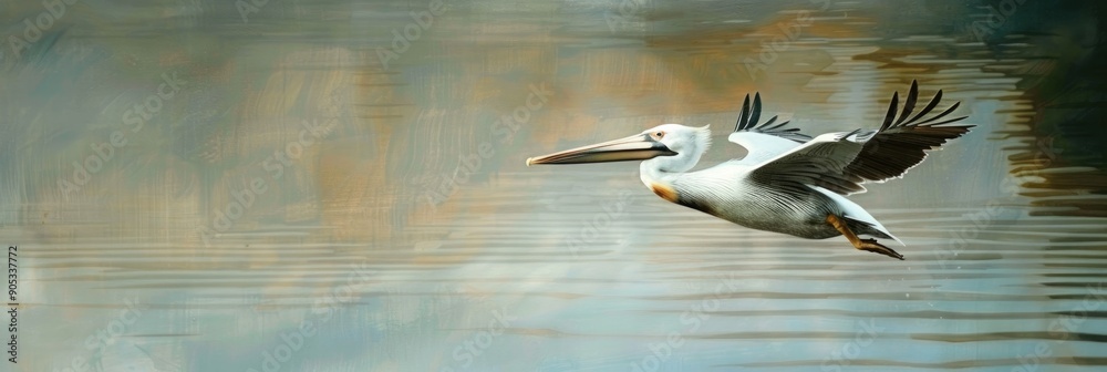 Fototapeta premium Pelican in serene flight over tranquil waters