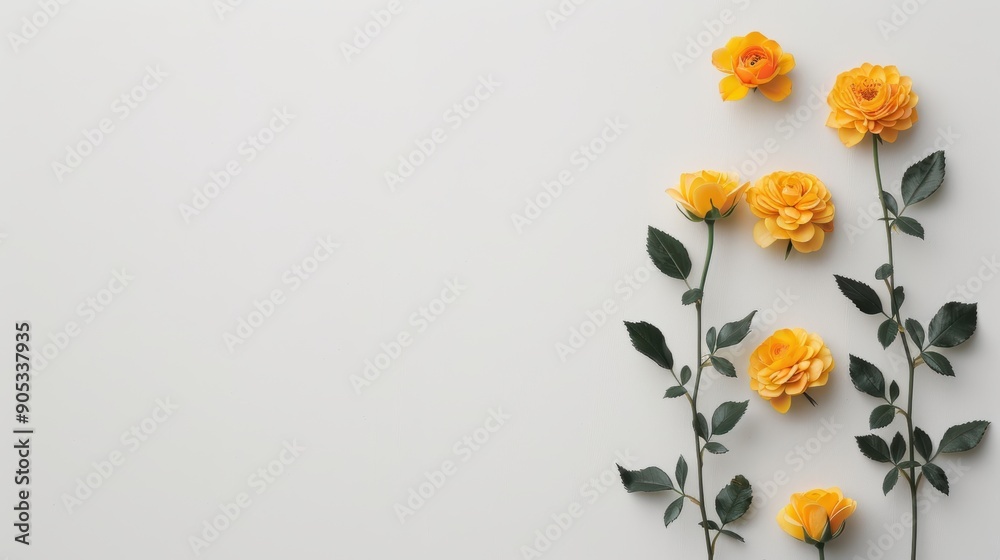 Naklejka premium A beautifully arranged border of yellow roses, creating a delicate and romantic frame around a blank white space. The minimalist design allows for easy customization with text or graphics, ideal for