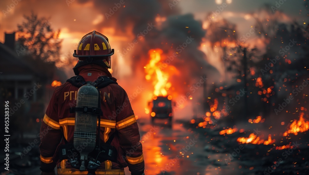 Firefighter Facing House Fire at Dusk. Firefighter stands ready to tackle a house fire during dusk, with flames and smoke rising dramatically in the background. Firefighter Facing House Fire at Dusk. Firefighter stands ready to tackle a house fire during dusk, with flames and smoke rising dramatically in the background.