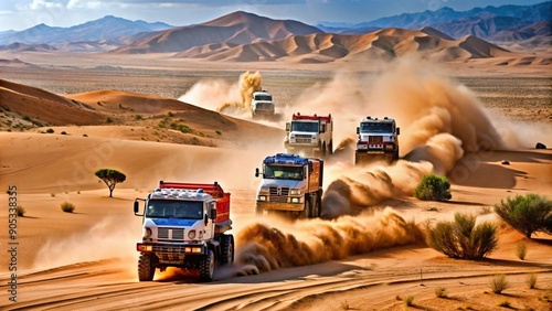Auto-moto races on impassable terrain of off-road vehicles, cross-country, Paris-Dakar highway, speed, speed, sand