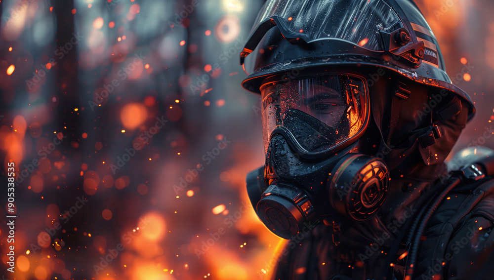 Firefighter in Full Gear Battling Blaze. Firefighter in full gear, including a helmet and mask, battles a blaze, with sparks and embers flying, reflecting intense focus. Firefighter in Full Gear Battling Blaze. Firefighter in full gear, including a helmet and mask, battles a blaze, with sparks and embers flying, reflecting intense focus.