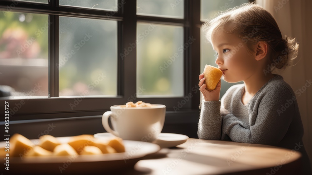 Morning serenity A young girl enjoys a delightful spread of pastries and a warm drink by the window her gaze lost in thought or nature beyond. Morning serenity A young girl enjoys a delightful spread of pastries and a warm drink by the window her gaze lost in thought or nature beyond.