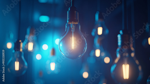 Hanging lightbulbs glowing in a dimly lit room, creating a warm, inviting atmosphere.