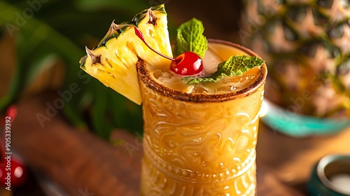 Mai tai with a pineapple slice, cherry, and mint sprig, served in a tiki glass photo