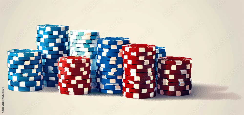 Fototapeta premium A vibrant stack of casino chips in red and blue colors, perfect for showcasing gaming, poker, and gambling themes.