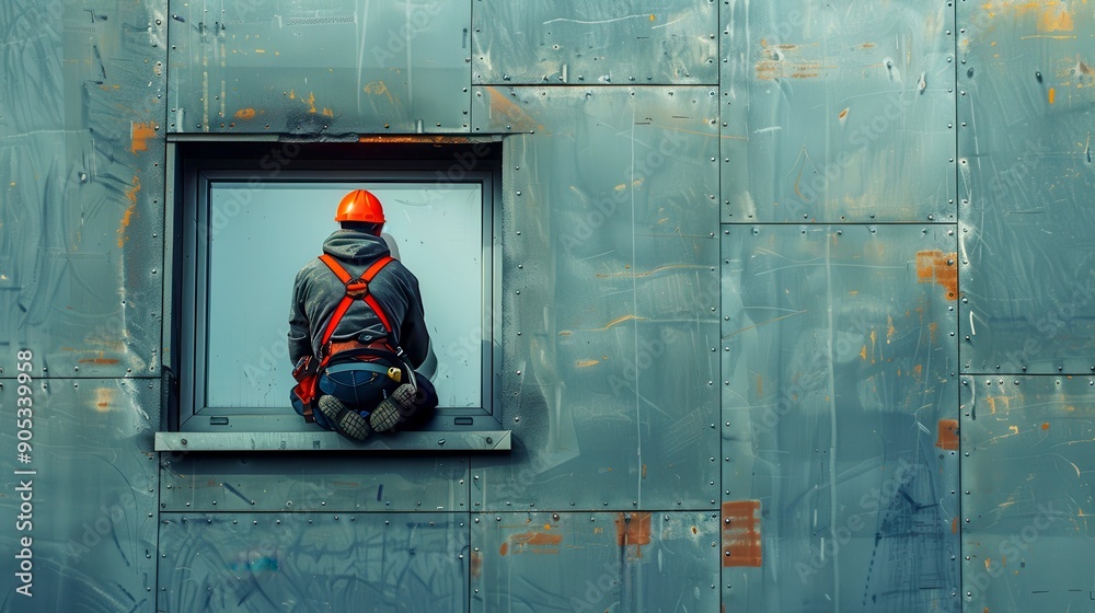 A worker in safety gear sits on a window ledge, surrounded by a textured, metallic wall, showcasing construction and safety themes. A worker in safety gear sits on a window ledge, surrounded by a textured, metallic wall, showcasing construction and safety themes.