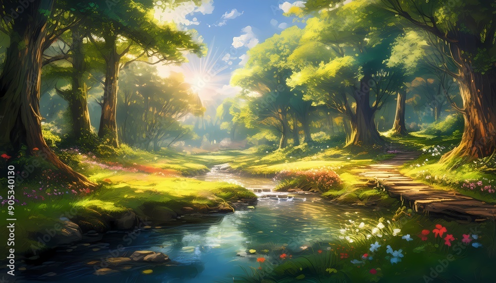 Serene forest with a bubbling spring at midday, peaceful and refreshing Serene forest with a bubbling spring at midday, peaceful and refreshing