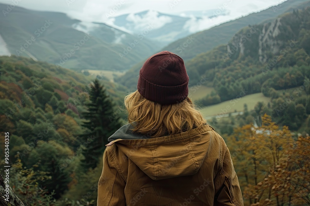 Woman Wearing Brown Jacket and Maroon Beanie Hat Enjoys Scenic View in Early Autumn Woman Wearing Brown Jacket and Maroon Beanie Hat Enjoys Scenic View in Early Autumn
