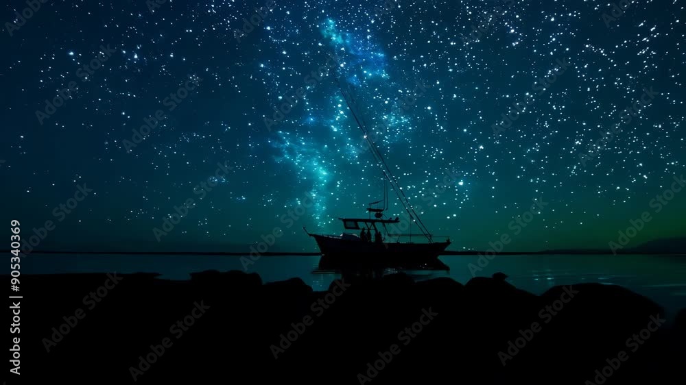 Serene Night Sky Full of Stars Over Boat in Calm Waters Serene Night Sky Full of Stars Over Boat in Calm Waters