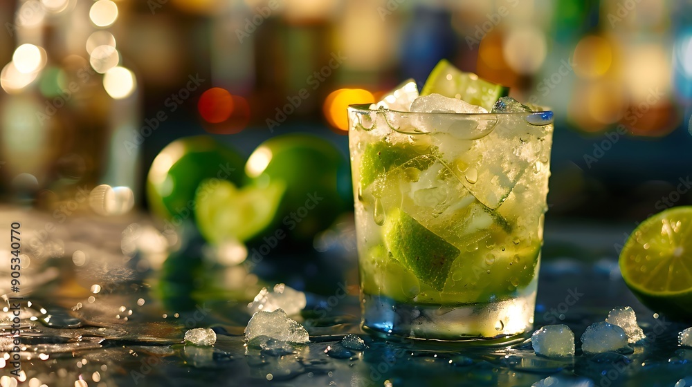 Caipirinha with lime wedges and crushed ice, served in a rocks glass Caipirinha with lime wedges and crushed ice, served in a rocks glass