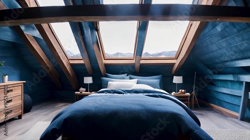 Interior of cozy mansard loft bedroom apartment with double bed and big windows. photo