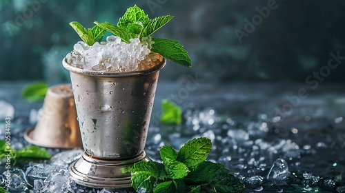 Mint julep with fresh mint leaves and crushed ice, served in a silver julep cup, refreshing and elegant