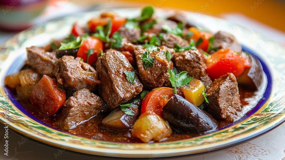 beef stew with eggplant on a beautiful plate