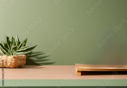 kitchen-themed product display podium set against a green background. 