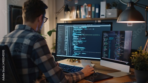 Qualified data scientist updating neural networks writing complex binary code scripts Certified teleworking man in home office uses digital device programming to upgrade AI : Generative AI photo
