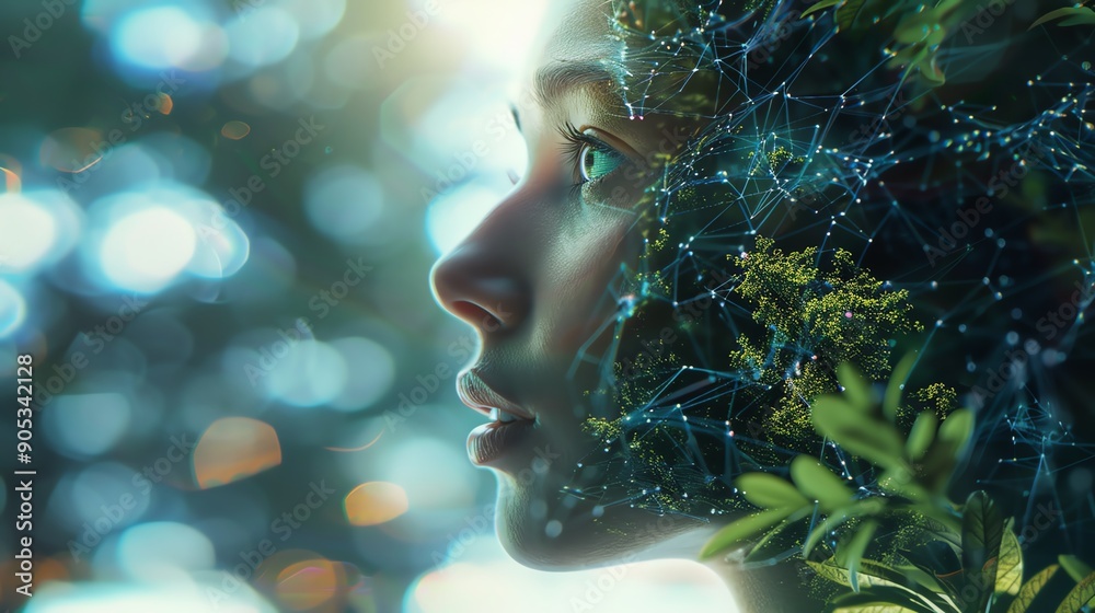 A surreal portrait of a woman intertwined with nature, symbolizing harmony between technology and environmental beauty.
