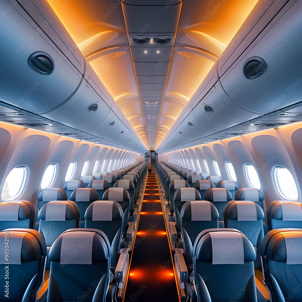 Fototapeta premium The inside of an airplane with many seats and a bright orange light