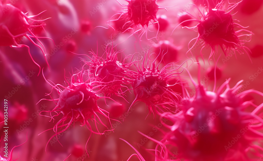 Close-up of red virus cells under a microscope.