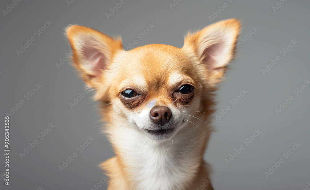 A close-up of a Chihuahua with an expressive face against a neutral gray background, highlighting the dog's unique personality. A close-up of a Chihuahua with an expressive face against a neutral gray background, highlighting the dog's unique personality.