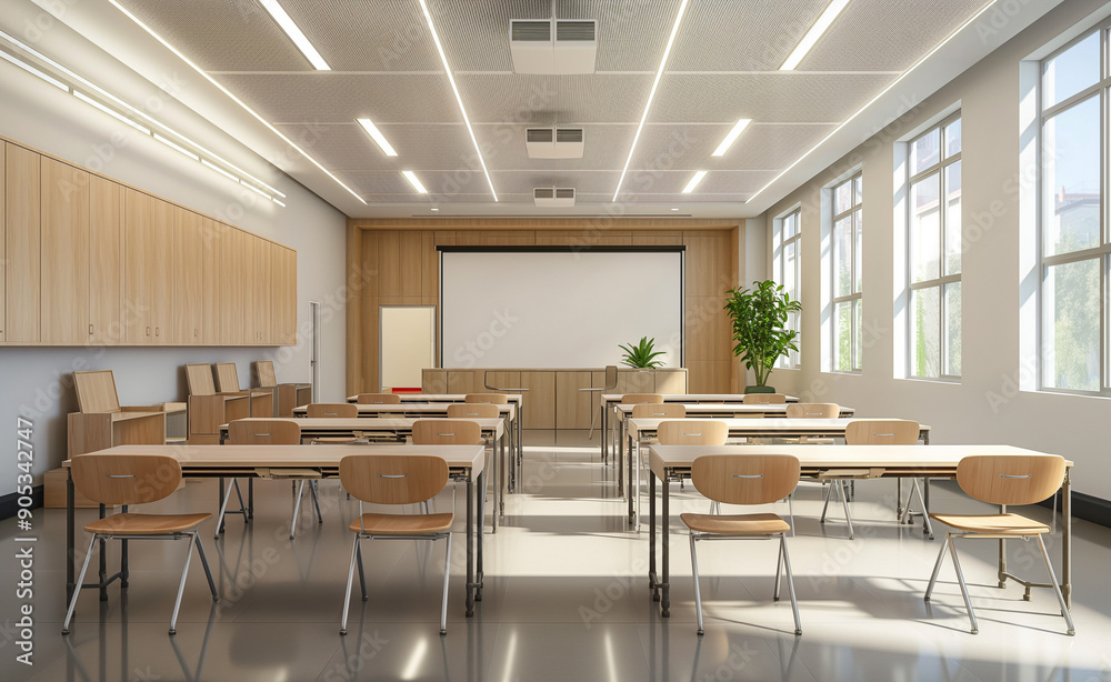 An empty classroom with neatly arranged desks and a projector screen, representing education and learning environment. An empty classroom with neatly arranged desks and a projector screen, representing education and learning environment.