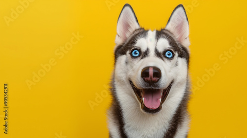 A happy Siberian husky with striking blue eyes against a bright yellow background, showcasing the joy and energy of dogs.