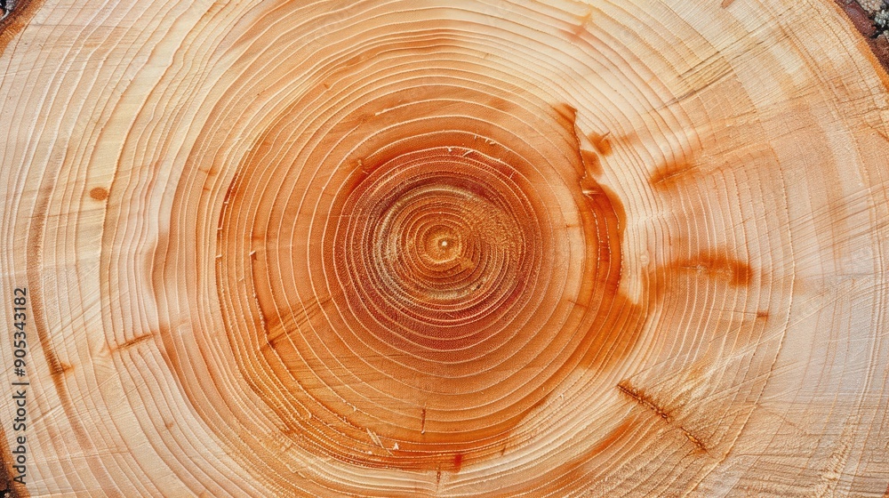 Fototapeta premium Texture of freshly sawn thick spruce tree cross section with growth rings and wood powder background