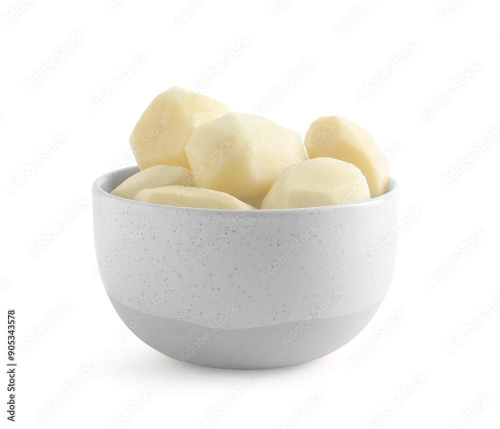 Fresh raw potatoes in bowl isolated on white Fresh raw potatoes in bowl isolated on white
