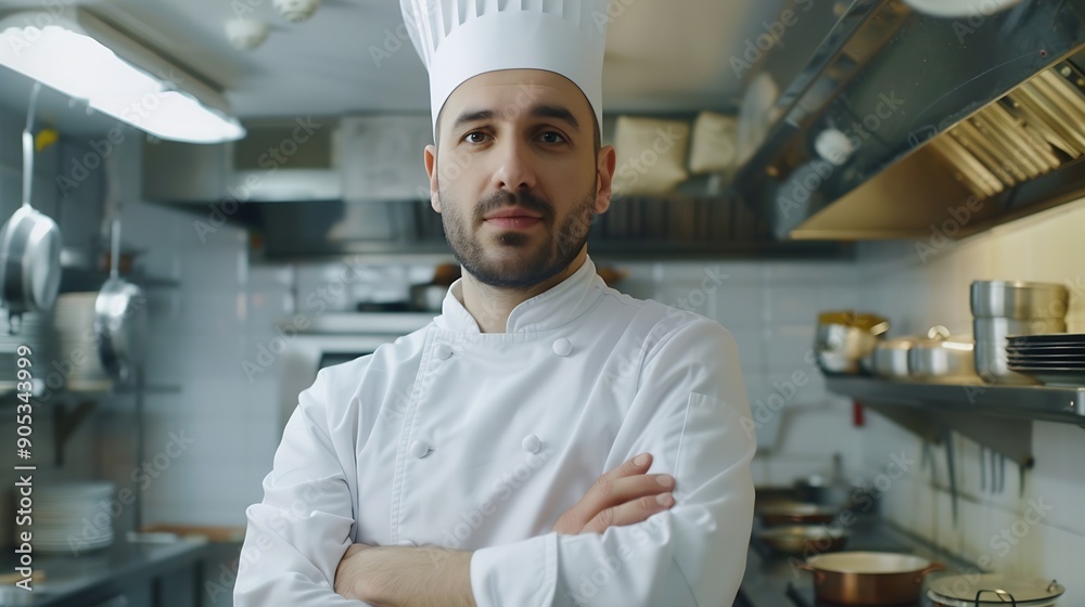 Professional chef with arms crossed in the kitchen looking at camera Copy space : Generative AI Professional chef with arms crossed in the kitchen looking at camera Copy space : Generative AI