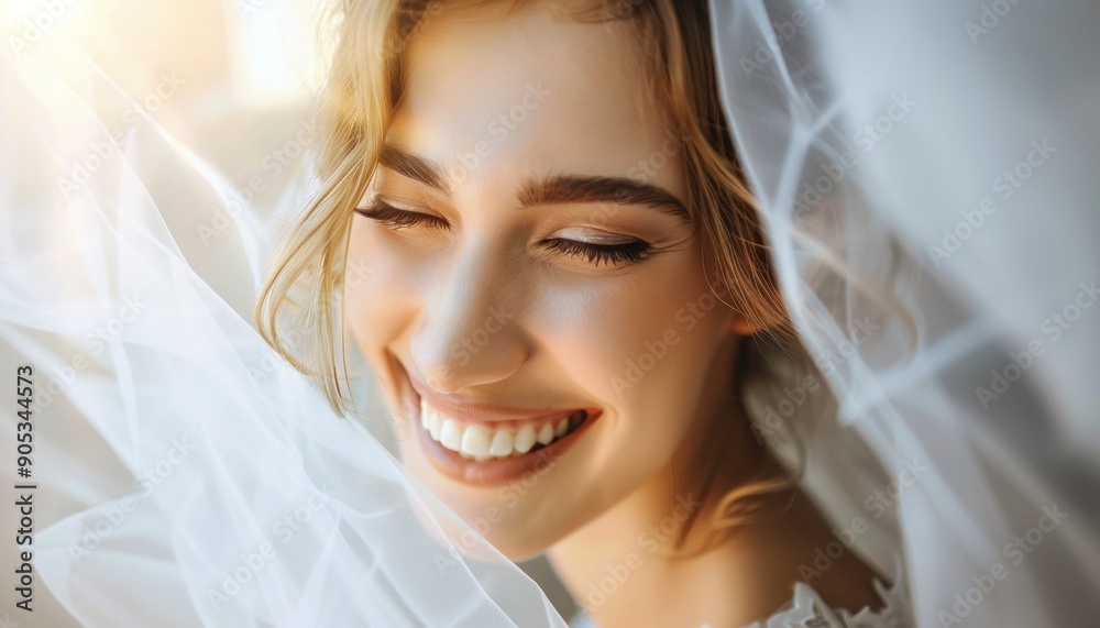 Beautiful Bride Smiling Wearing A Veil In Sunlight, Closeup, Wedding Photo Advertising Concept Beautiful Bride Smiling Wearing A Veil In Sunlight, Closeup, Wedding Photo Advertising Concept
