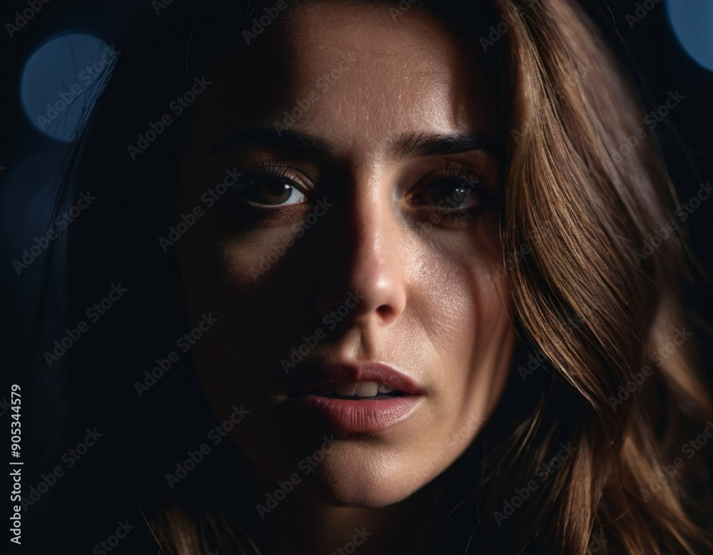 Woman with furrowed brows and worried expression looks directly at camera. Lighting is dim, casting shadows around face, emphasizing her stress. Fear, frustration, upset, worry and thoughtfulness. AI Woman with furrowed brows and worried expression looks directly at camera. Lighting is dim, casting shadows around face, emphasizing her stress. Fear, frustration, upset, worry and thoughtfulness. AI