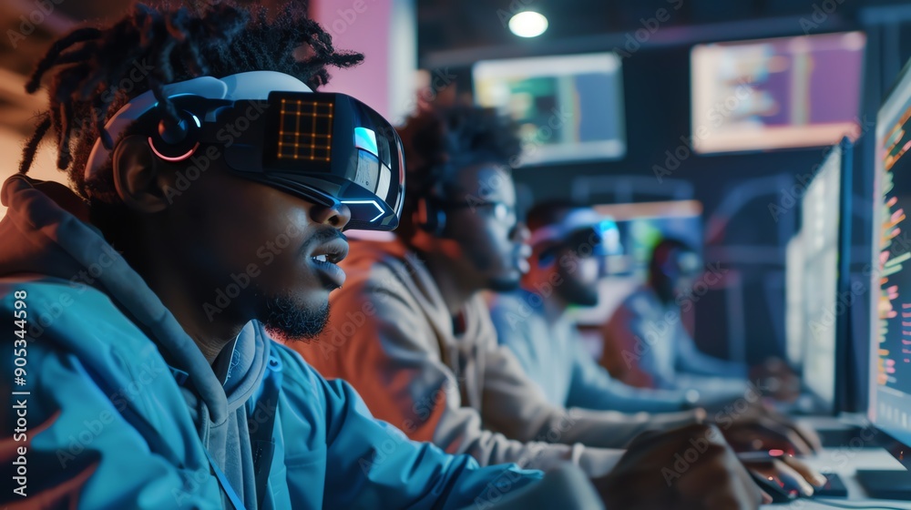 A diverse group of individuals engaged in coding and virtual reality, showcasing innovation and technology in a modern workspace. A diverse group of individuals engaged in coding and virtual reality, showcasing innovation and technology in a modern workspace.