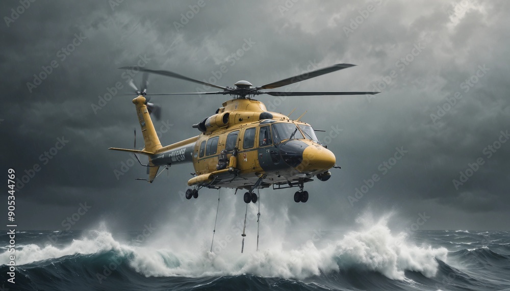 A rescue helicopter hovering above a turbulent ocean, battling heavy rain and powerful gusts as it searches for a stranded vessel.
A rescue helicopter hovering above a turbulent ocean, battling heavy rain and powerful gusts as it searches for a stranded vessel.