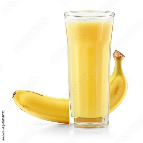 Medium shot of Glass of banana juice near the banana, isolated on a white background,