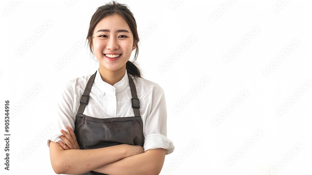 Portrait young asian barista woman wearing apron standing and smile isolated white background waitress or entrepreneur cheerful small business or startup waiter of cafe or coffee shop : Generative AI Portrait young asian barista woman wearing apron standing and smile isolated white background waitress or entrepreneur cheerful small business or startup waiter of cafe or coffee shop : Generative AI