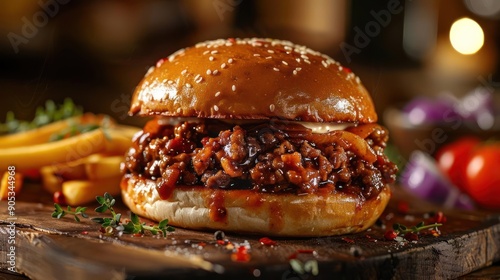 a close up of a sloppy joe sandwich with french fries