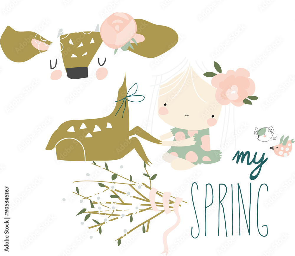 Obraz premium Beautiful cartoon girl with cute deer. Best friends. Vector illustration