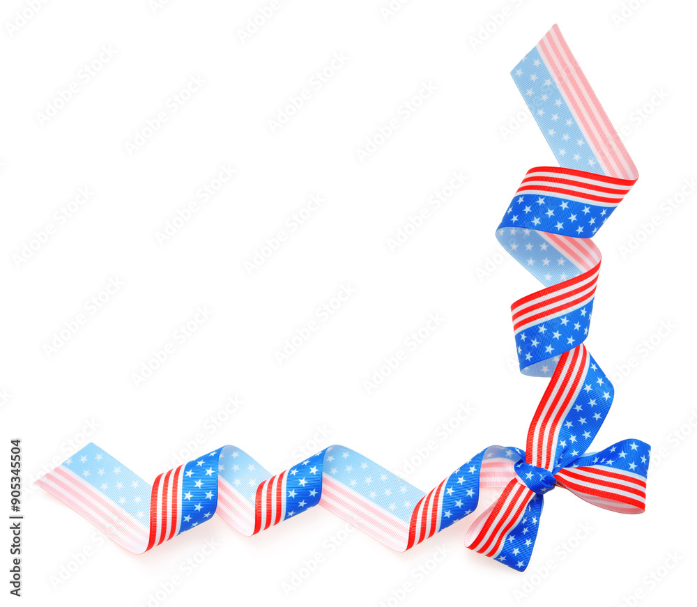 Obraz premium Ribbon bow with American flag pattern isolated on white, top view