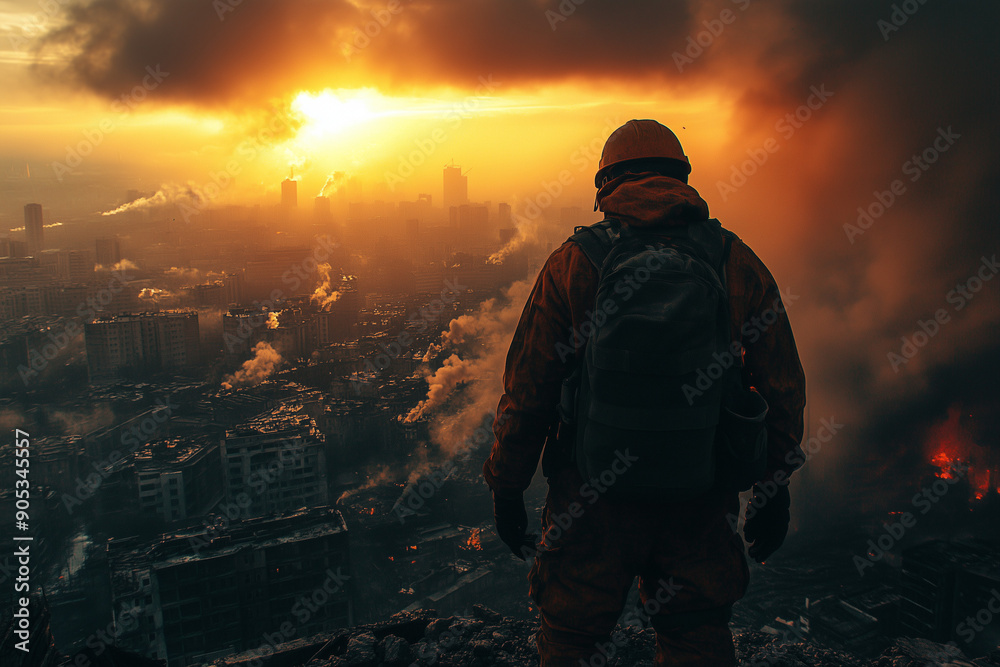 Construction worker on the top of building with sunset view, Man with hard hat on building full of smoke Construction worker on the top of building with sunset view, Man with hard hat on building full of smoke